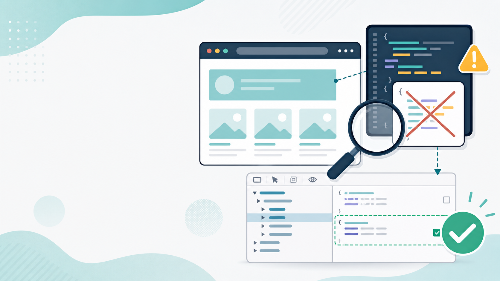 ブラウザの開発者ツールでCSSが反映されない原因を調査するイラスト